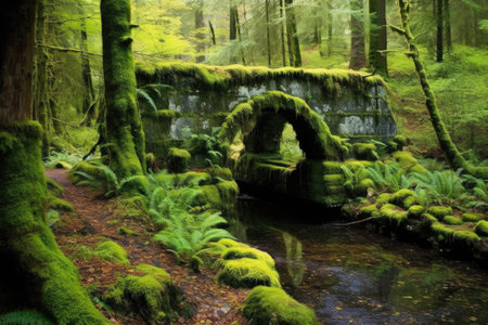 moss-covered stone bridge in a lush green forest, created with generative aiの素材