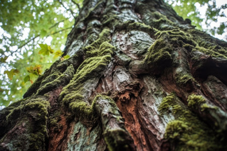 low-angle view of redwood tree bark texture, created with generative aiの素材
