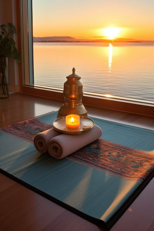 sunrise over calm ocean with a meditation mat and candle, created with generative aiの素材