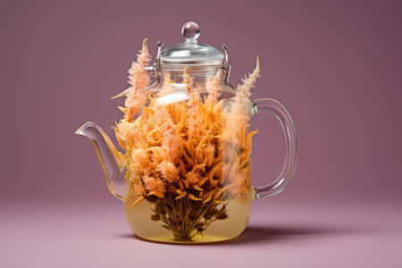 teapot with blooming tea flower inside, created with generative aiの素材