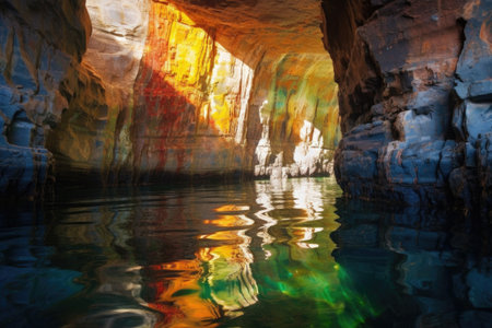 colorful sea cave walls reflecting sunlight, created with generative aiの素材
