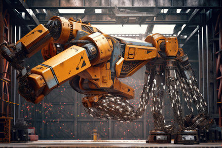 automated robotic arm carrying heavy metal pieces, created with generative aiの素材