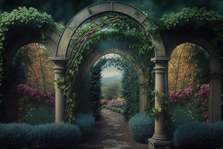 tasteful trellises and arches in a garden setting, created with generative aiの素材