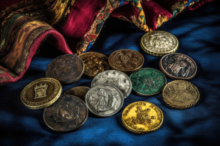 old rare coins set on a velvet surface, created with generative aiの素材