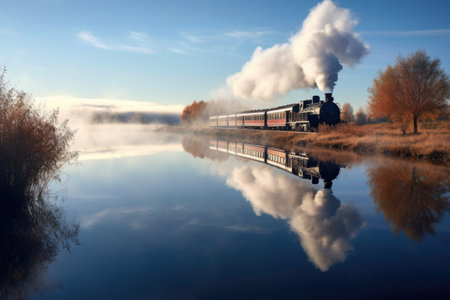 steam train reflecting on calm river surface, created with generative aiの素材