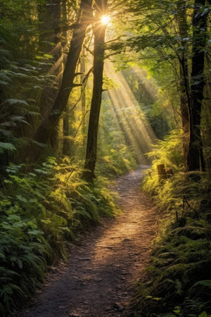 sunbeam illuminating a dense forest path, created with generative aiの素材