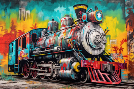 old steam locomotive with colorful graffiti artwork, created with generative aiの素材