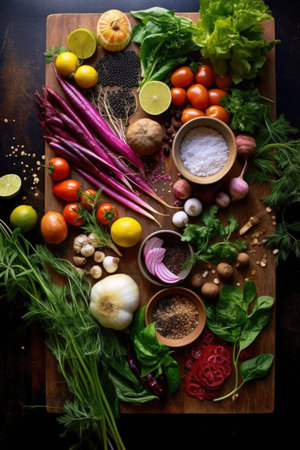 fresh ingredients displayed on a board, created with generative aiの素材