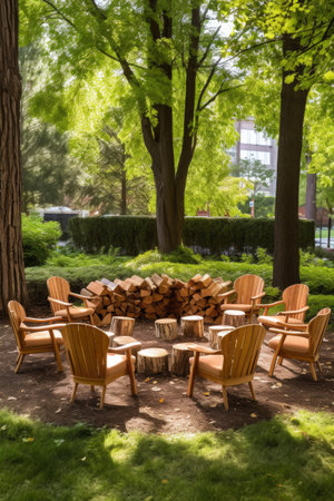 outdoor meeting setup with chairs in a circle and snacks, created with generative aiの素材