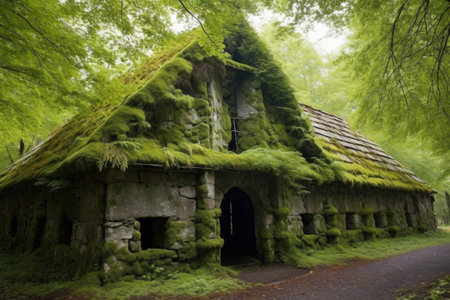 stone barn with moss-covered roof and surrounding trees, created with generative aiの素材