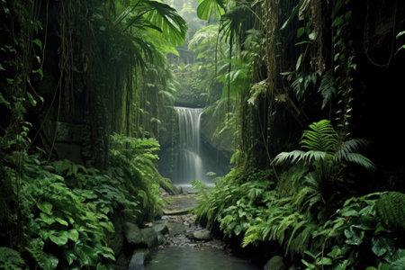 hidden waterfall in dense jungle foliage, created with generative aiの素材