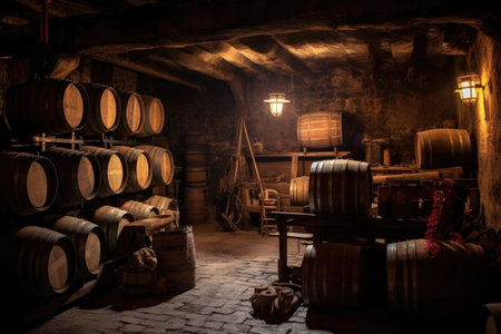 old wine barrels stacked in a dimly lit cellar, created with generative aiの素材