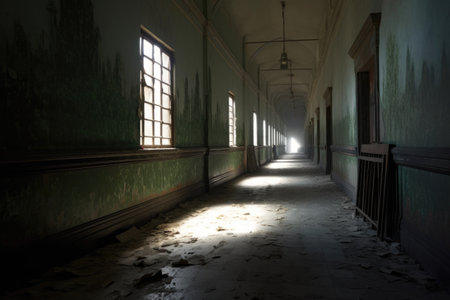 eerie shadows cast by moonlight in a deserted asylum hallway, created with generative aiの素材
