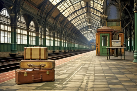 empty platform with vintage luggage, created with generative aiの素材