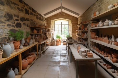 pottery and ceramics workshop, with kilns, tools and finished pots on display, created with generative aiの素材