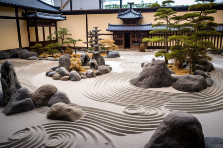 japanese zen garden with sand patterns and rocks, created with generative aiの素材