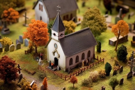 small scale replica of a village church with graveyard, created with generative aiの素材
