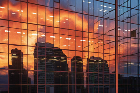 close-up of skyscraper windows reflecting sunset, created with generative aiの素材