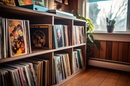 classic vinyl records stacked on a shelf, created with generative aiの素材