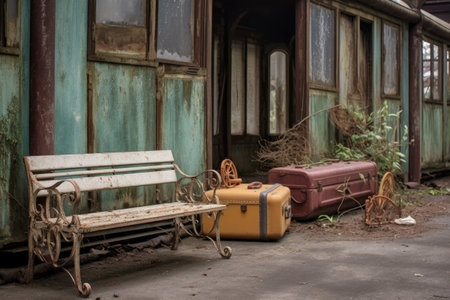 old luggage trolley near weathered benches, created with generative aiの素材