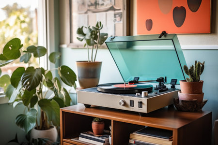 record player with vinyl collection in background, created with generative aiの素材
