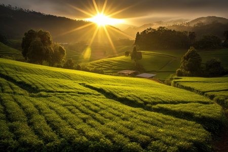 sunrays illuminating vibrant tea fields, created with generative aiの素材