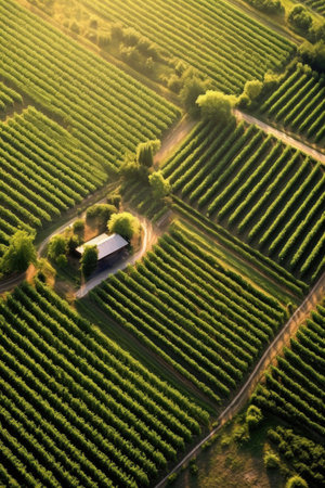 aerial view of a symmetrically planted vineyard, created with generative aiの素材