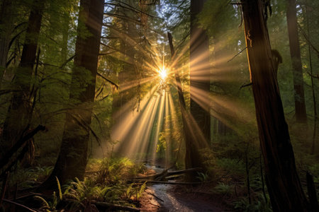 sunrays illuminating a redwood tree canopy, created with generative aiの素材