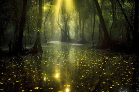 reflection of fireflies light on swamp surface, created with generative aiの素材