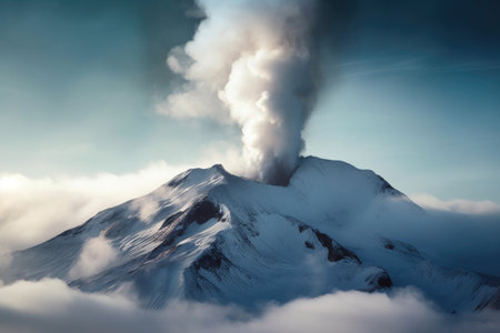 close-up of snow-capped volcano vent emitting smoke, created with generative aiの素材
