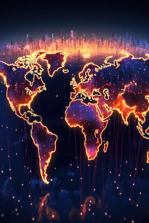glowing digital world map with global connections, created with generative aiの素材