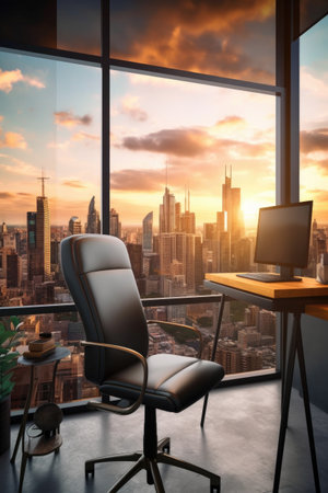 office chair and desk with city view background, created with generative aiの素材