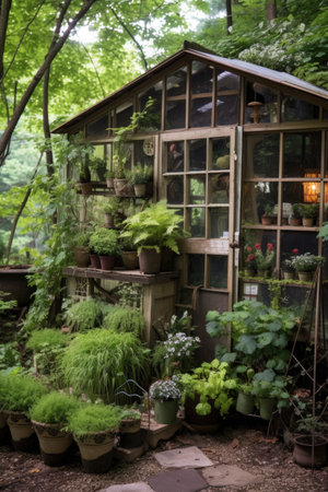 small greenhouse filled with plants and herbs, created with generative aiの素材