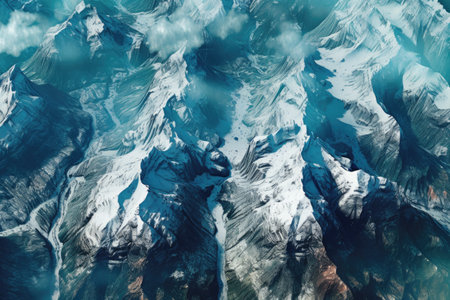 satellite image of snowy mountain peaks and valleys, created with generative aiの素材