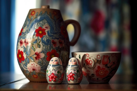 nesting dolls in a cozy home setting with a cup of tea, created with generative aiの素材