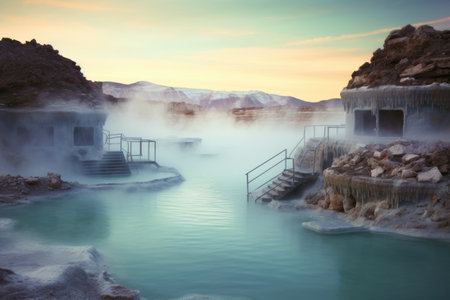 dramatic steamy hot springs surrounded by ice, created with generative aiの素材