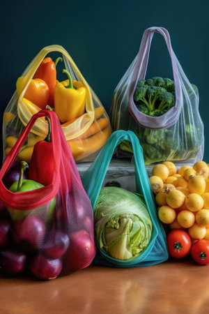 reusable grocery bags filled with fresh produce, created with generative aiの素材