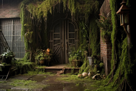 moss-covered brick entrance with hanging vines, created with generative aiの素材