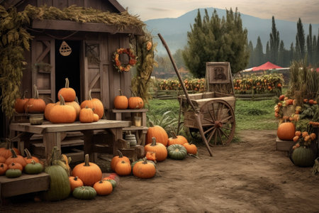 pumpkin patch with a rustic wooden sign, created with generative aiの素材