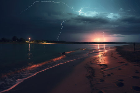 lightning storm over a deserted beach at night, created with generative aiの素材