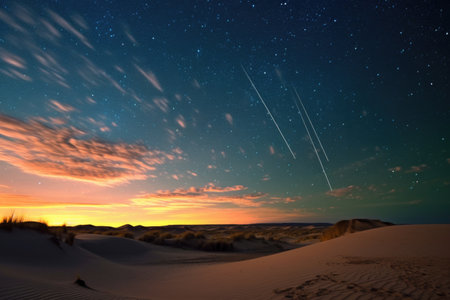 a bright meteor shower above expansive sand dunes, created with generative aiの素材