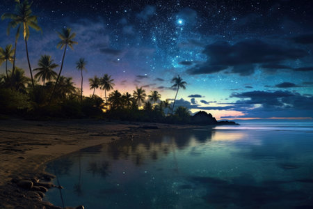 starry night sky over a tranquil island beach, created with generative aiの素材