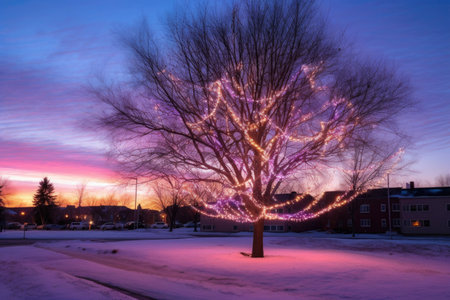twinkling lights on an outdoor christmas tree at dusk, created with generative aiの素材