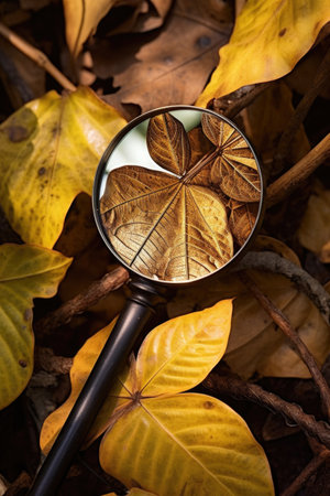 magnifying glass focusing sunlight on dry leaves, created with generative aiの素材