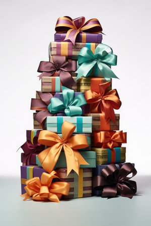 stack of gift boxes with ribbon bows, created with generative aiの素材