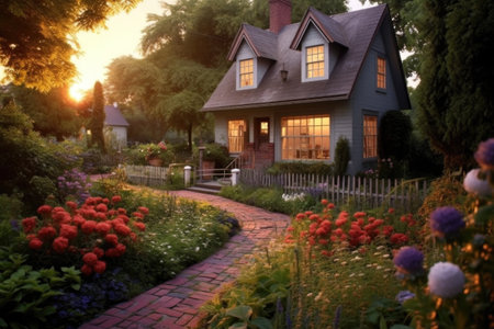 charming cottage with flower garden and path, created with generative aiの素材