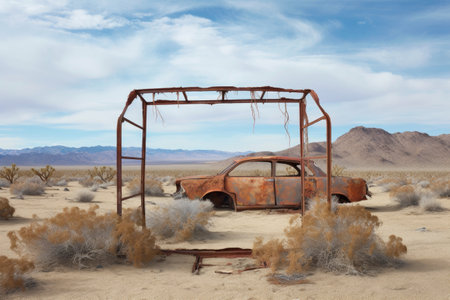 rusted-out car frame in a desert landscape, created with generative aiの素材