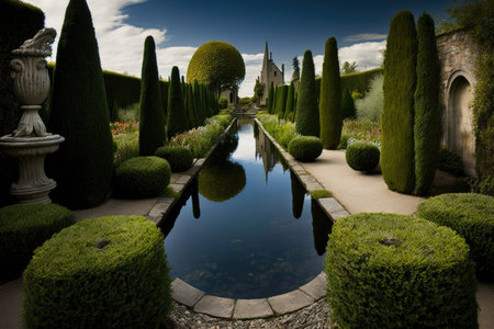 topiary garden lined with stone walkways and ponds, created with generative aiの素材