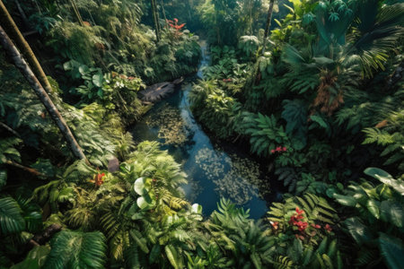 top-down shot of a lush tropical rainforest, created with generative aiの素材