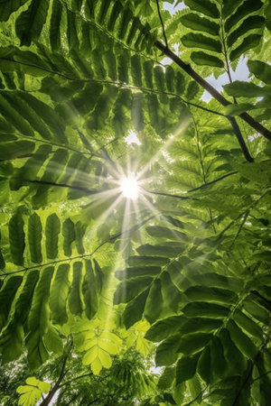 sun rays shining through a canopy of green leaves, created with generative aiの素材
